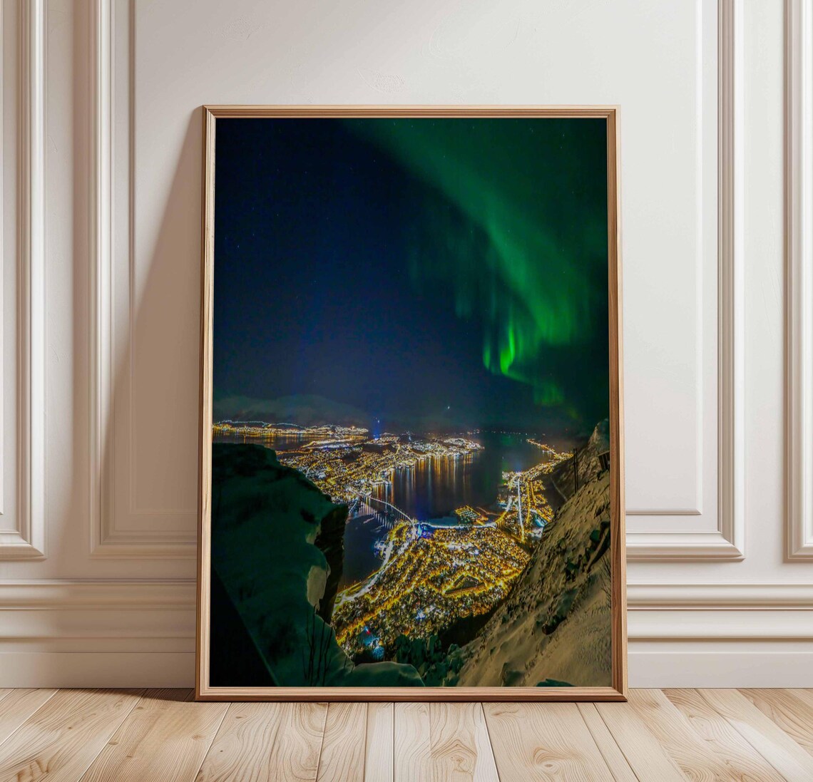 Northern Lights Over City at Night Aerial Aurora Borealis Poster