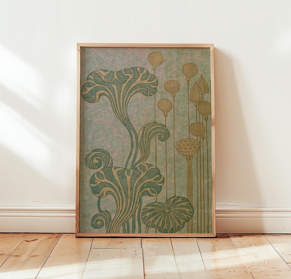 Sage Green Lotus Zen Flower Line Art Nouveau Botanical Poster
