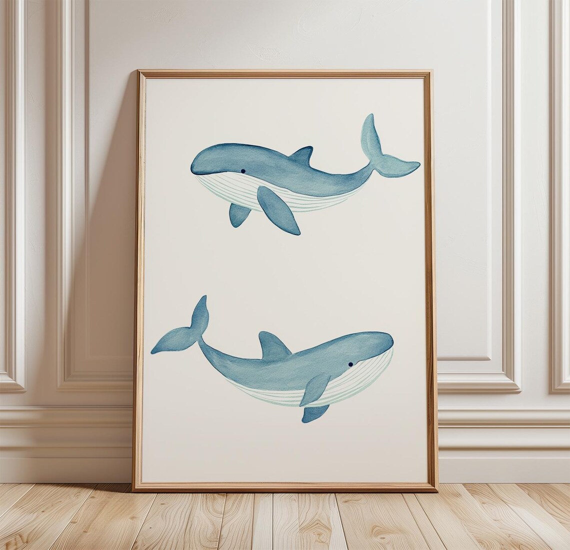 Two Blue Whales Watercolor Minimal Ocean Sea Animal Art Poster