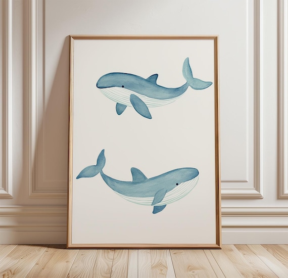Two Blue Whales Watercolor Minimal Ocean Sea Animal Art Poster