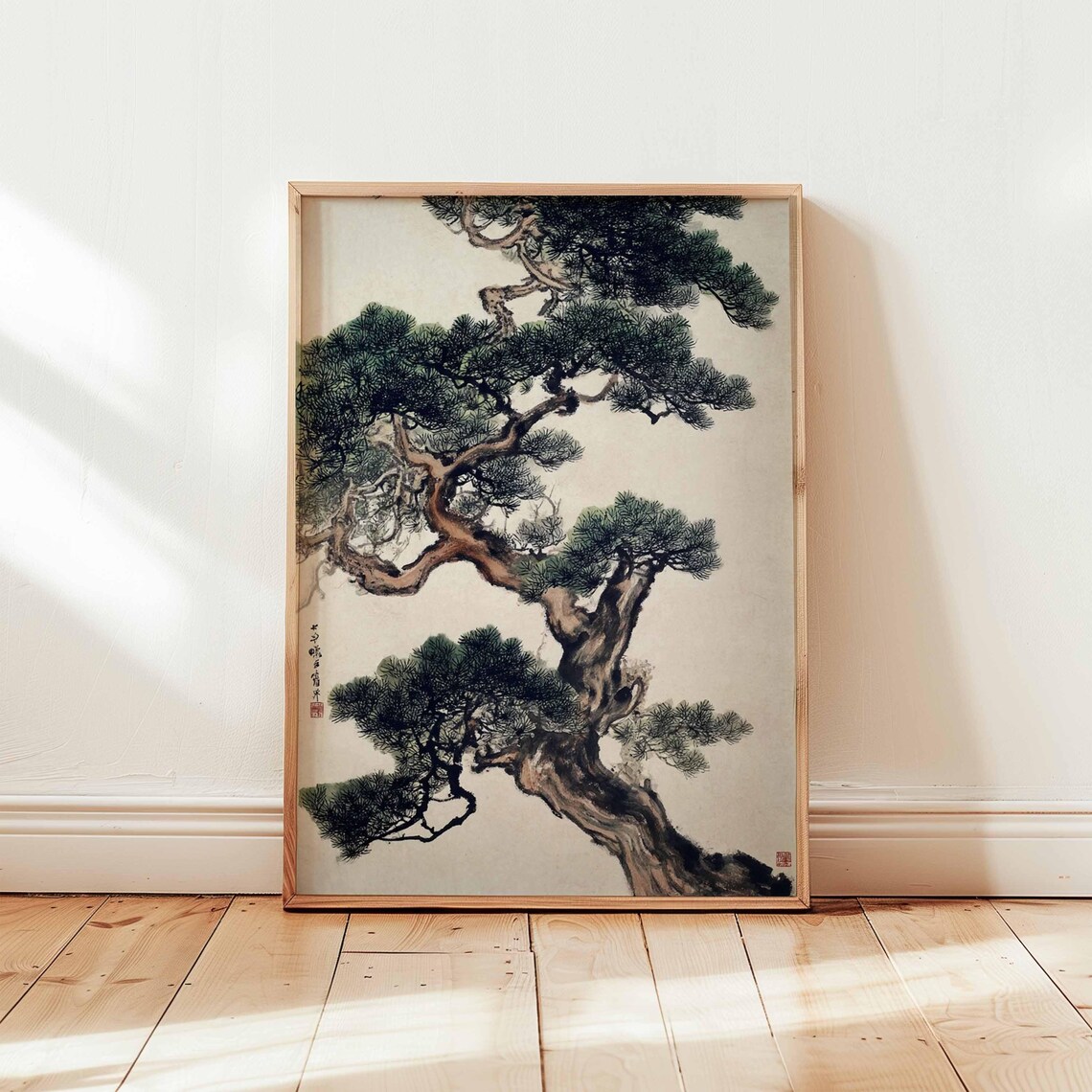 Japanese Pine Tree Ink Wash Art Print, Zen Landscape