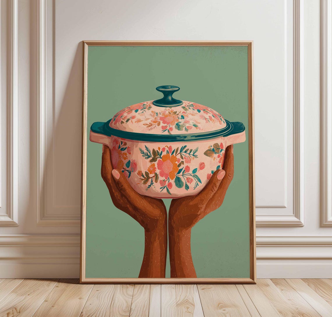 Floral Casserole Pot Art Print Whimsical Kitchen Wall Warm Cooking Illustration With Hands Holding Decorative Dish