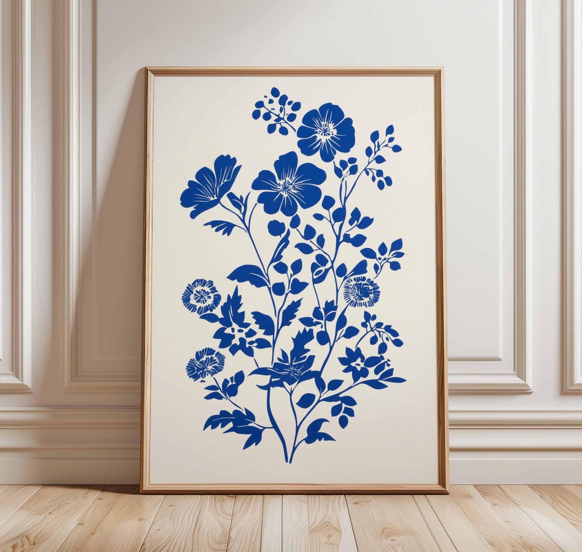 Blue And White Floral Botanical Poster With Delft Style Blooms