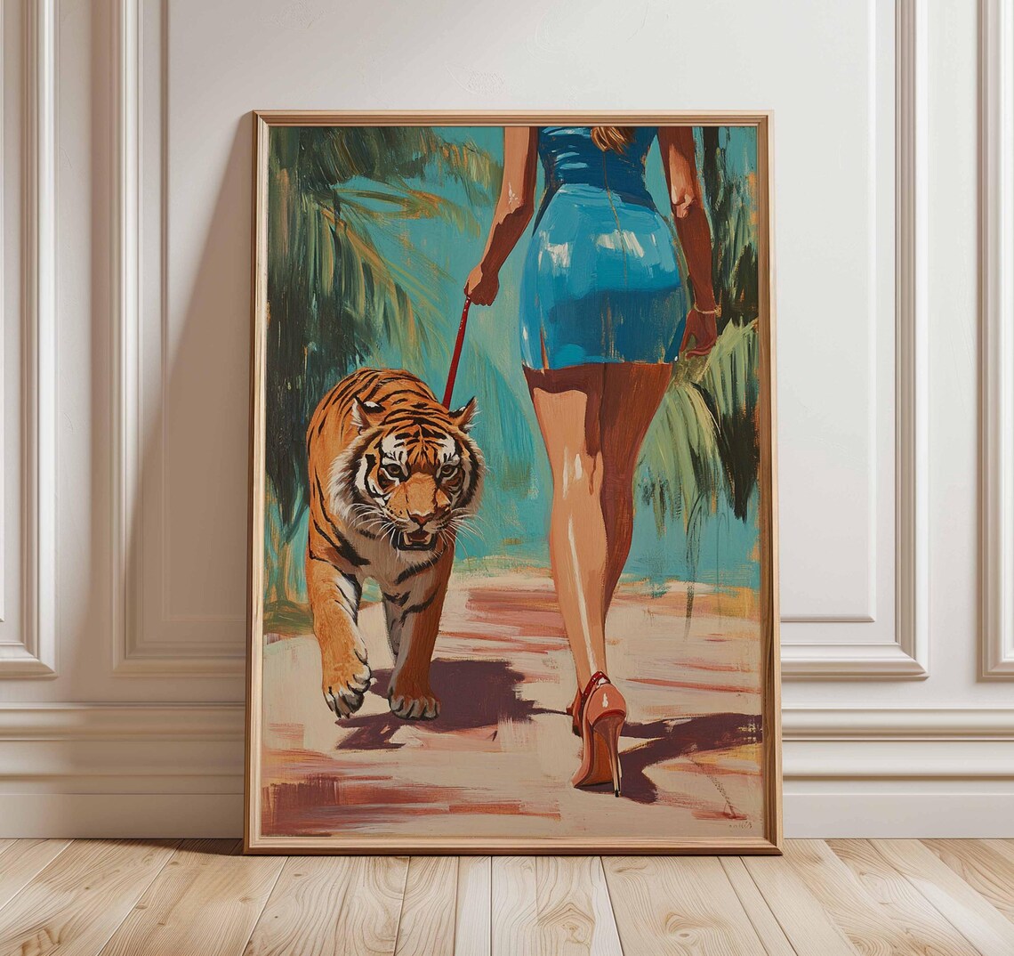 Woman Walking Tiger Retro Pop Art Fashion Jungle Wall Poster