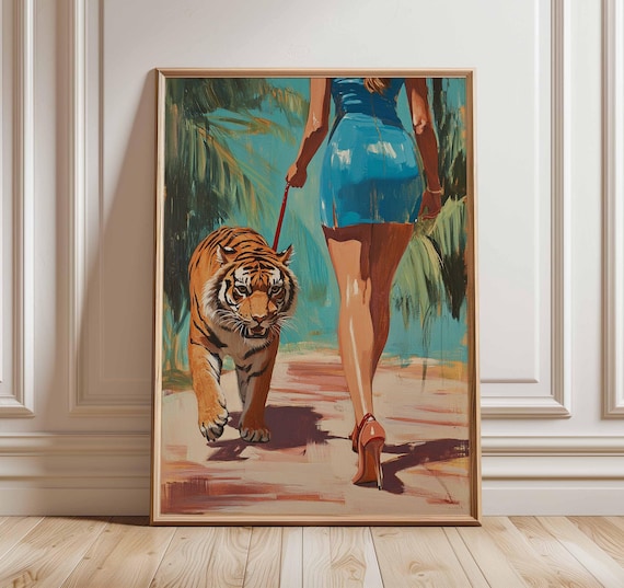 Tiger Poster Woman With Wall Art Retro Pop Print Bold Animal Artwork Fashion Illustration Exotic Jungle Style Home Decor