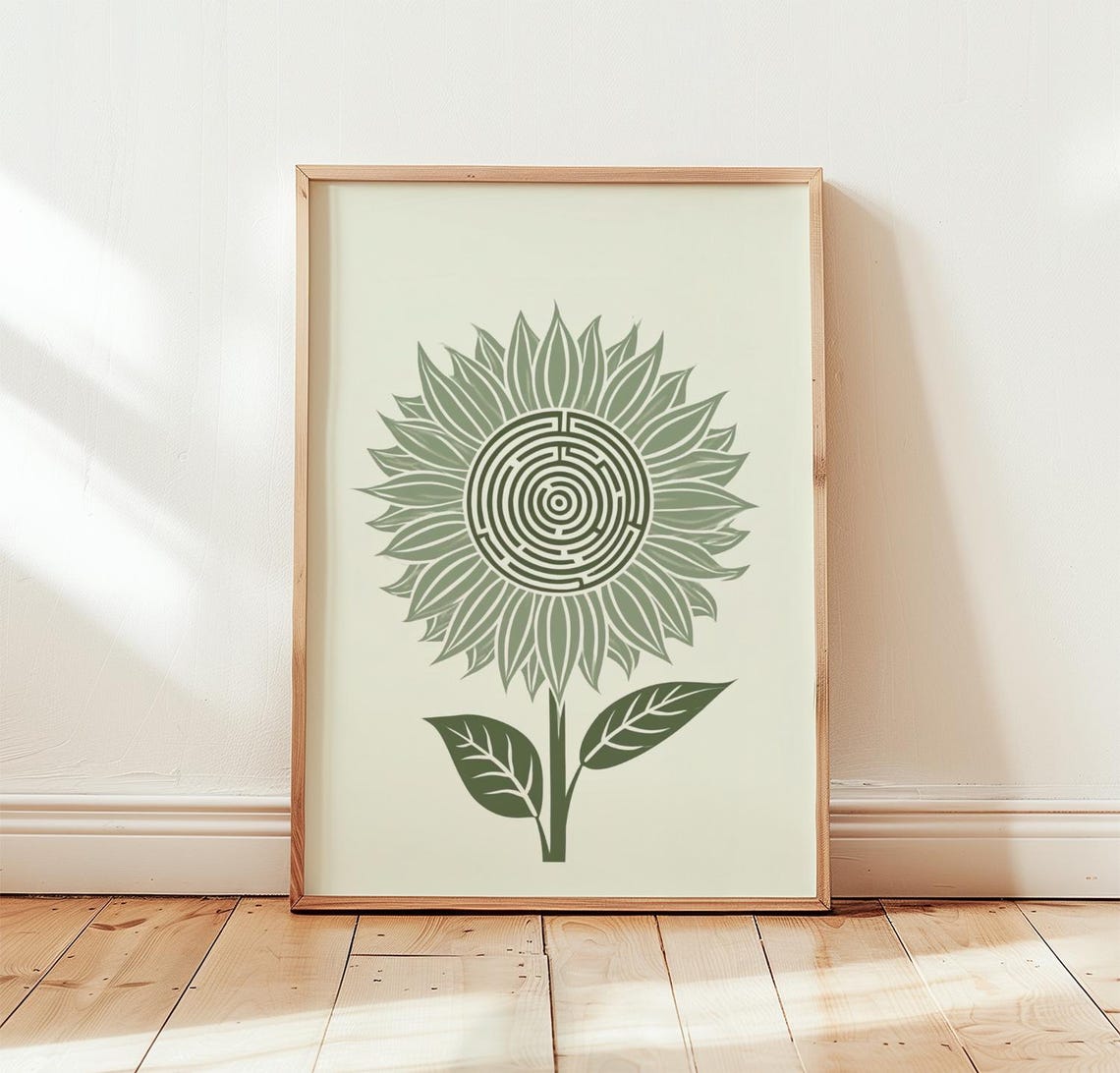 Green Sunflower Print Botanical Labyrinth Wall Art Linocut Poster