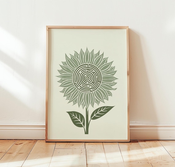 Green Sunflower Labyrinth Center Botanical Linocut Art Poster