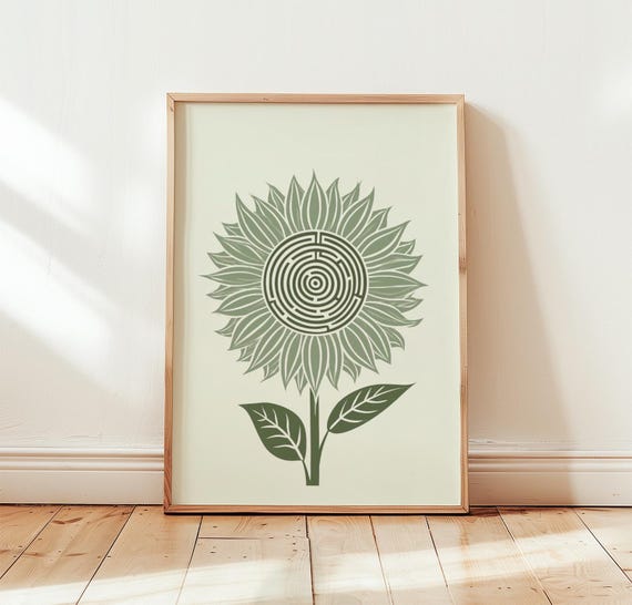 Green Sunflower Print Botanical Labyrinth Wall Art Linocut Poster