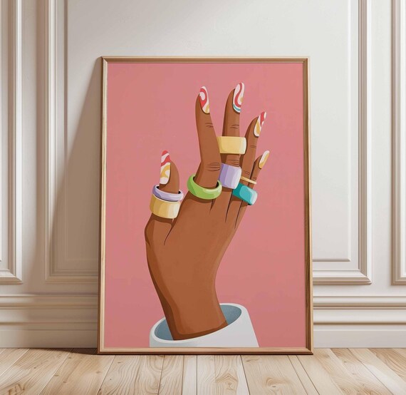 Bold Rings Nails Poster Colorful Pop Art Wall Print Fashion Hand Illustration Trendy Girl Room Decor Pink Glam Statement