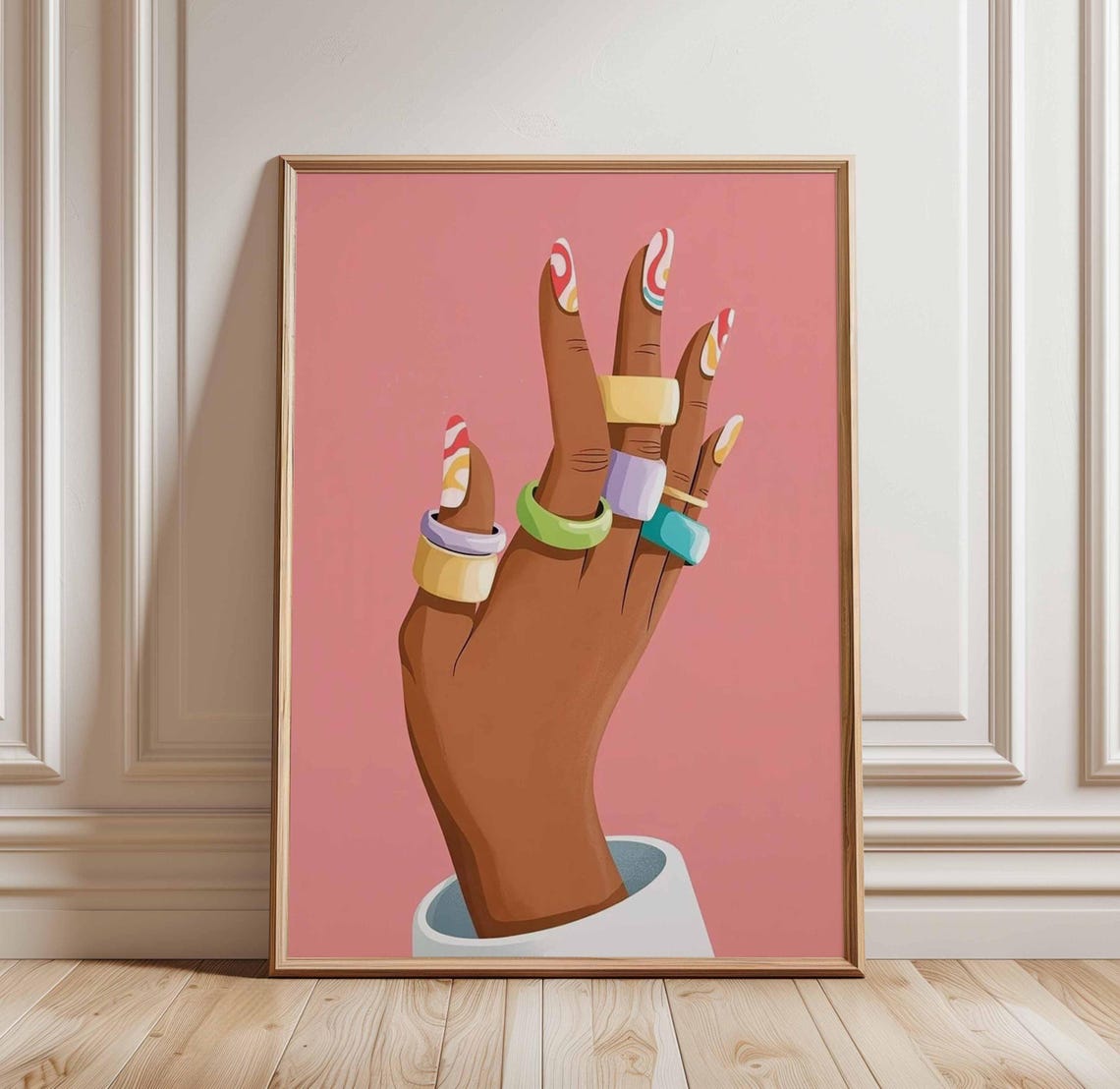 Bold Hand With Colorful Rings And Swirled Nails Pop Art Poster