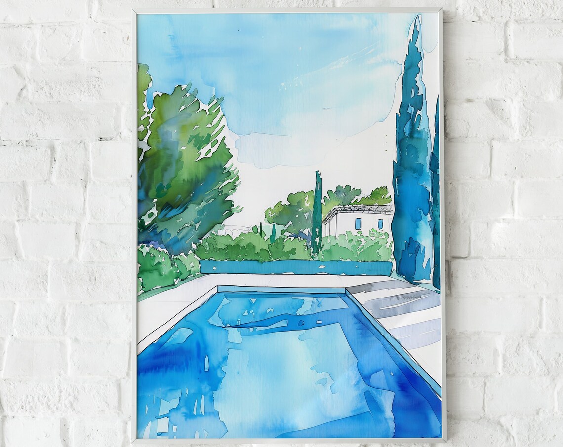 Blue Swimming Pool Watercolor Villa Garden Summer Art Poster - Image 5