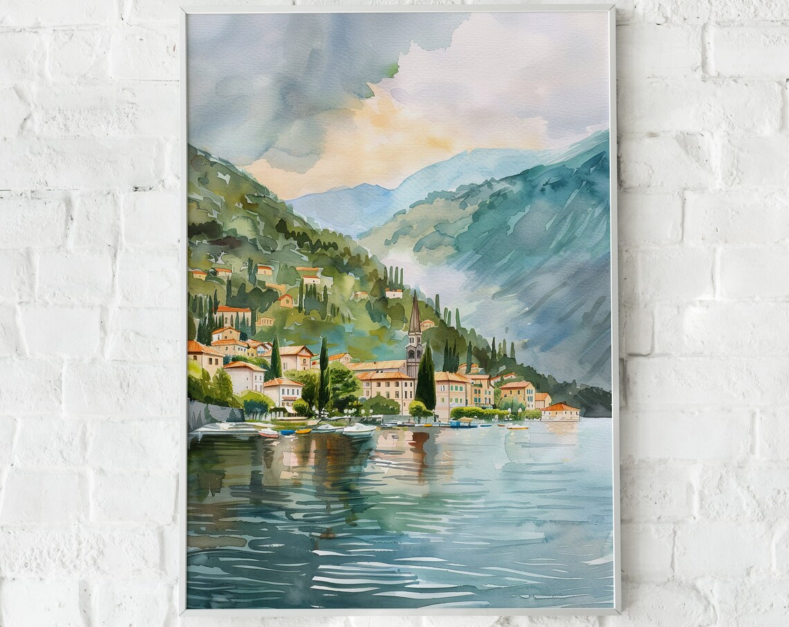 Italian Lakeside Village Watercolor Landscape Travel Art Poster - Image 4