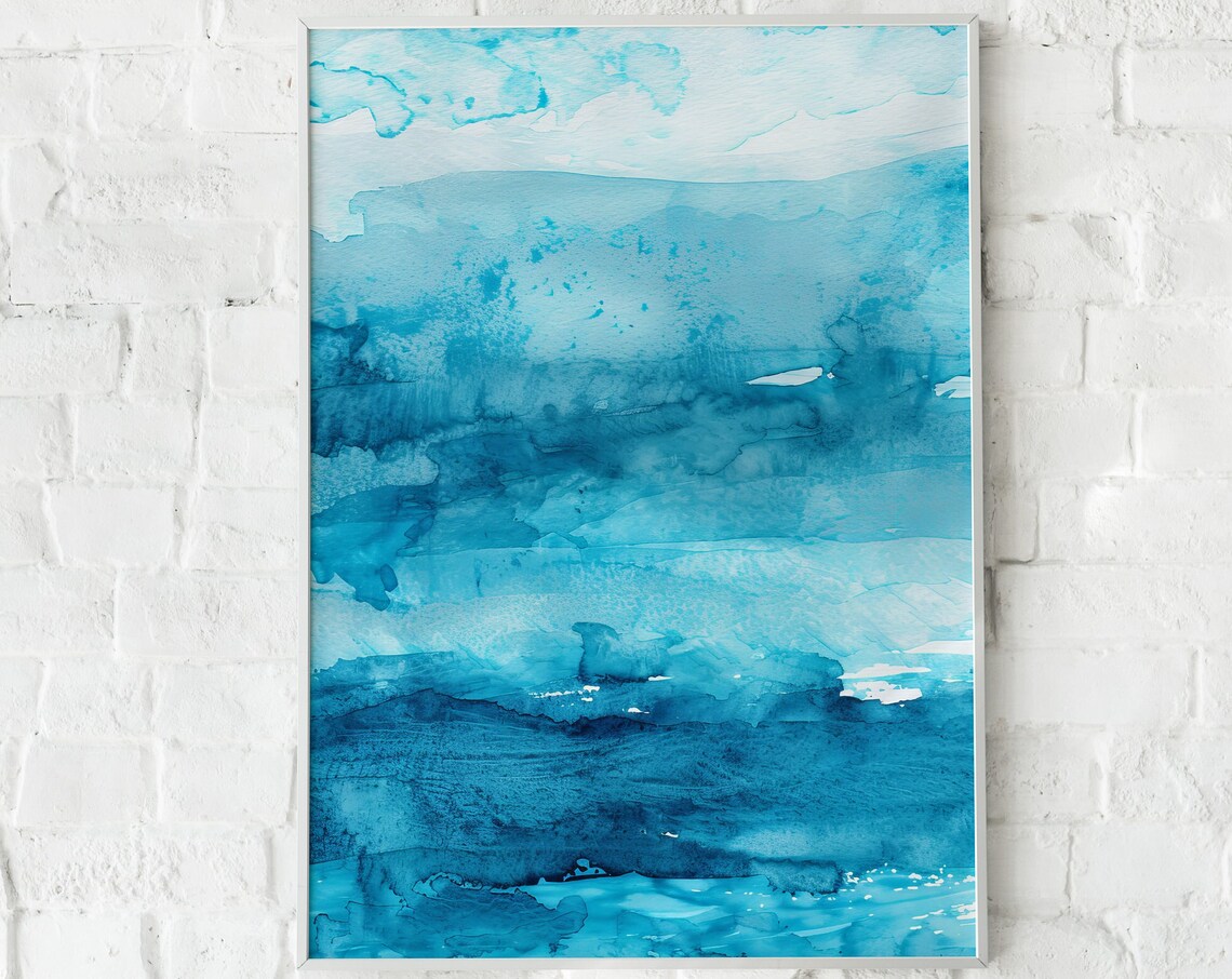 Turquoise Abstract Ocean Waves Watercolor Coastal Art Poster - Image 4