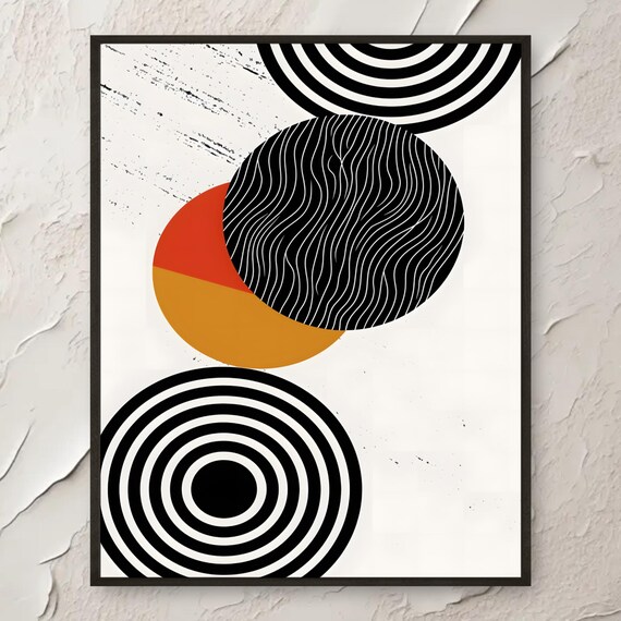 Bold Optical Circle Wall Art Black White Spiral Abstract Print Orange Red Geometric Poster Modern Minimalist Home Decor