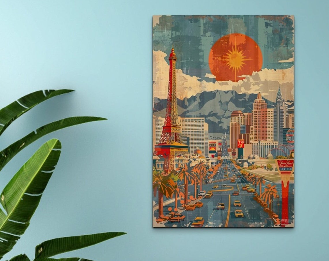 Vegas Style Boulevard with Eiffel Tower Replica Vintage Wall Art