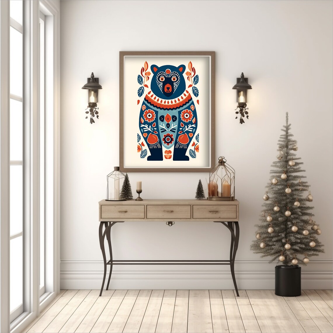 Scandinavian Folk Art Bear Blue Orange Floral Animal Painting Poster - Image 2