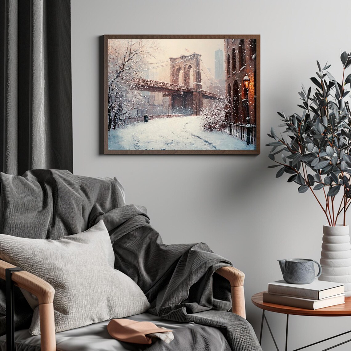 Brooklyn Bridge Snowy Street Lamppost Vintage Winter City Poster - Image 4
