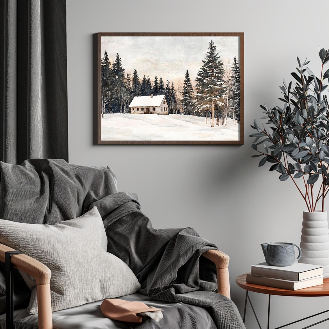 Snowy Forest Cottage Winter Landscape Vintage Oil Painting Wall Art - Image 4