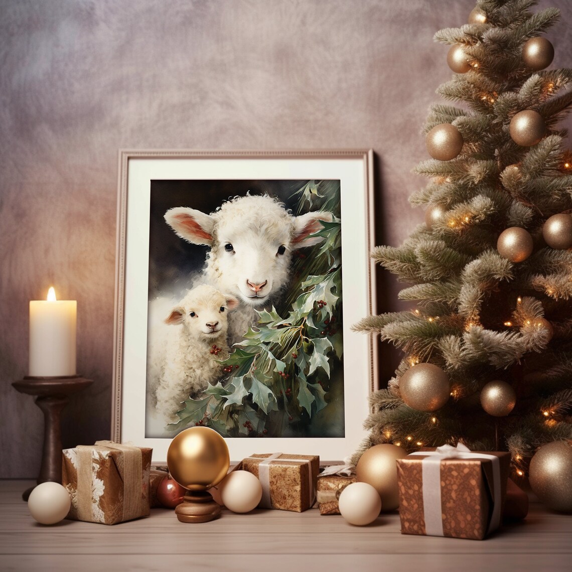 Sweet Lamb and Ewe among Holly Berries on Dark Christmas Poster - Image 2