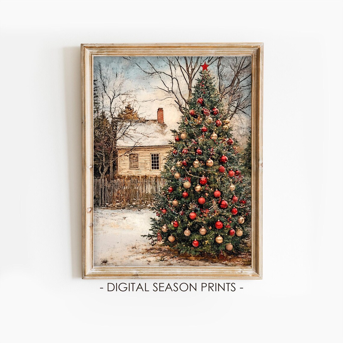 Outdoor Christmas Tree in Front of a Snowy Farmhouse Vintage Poster