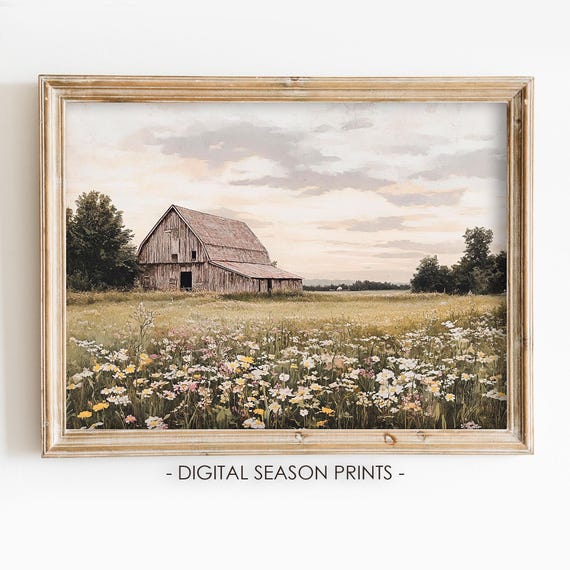 Vintage Old Barn Wildflower Print, Rustic Farmhouse