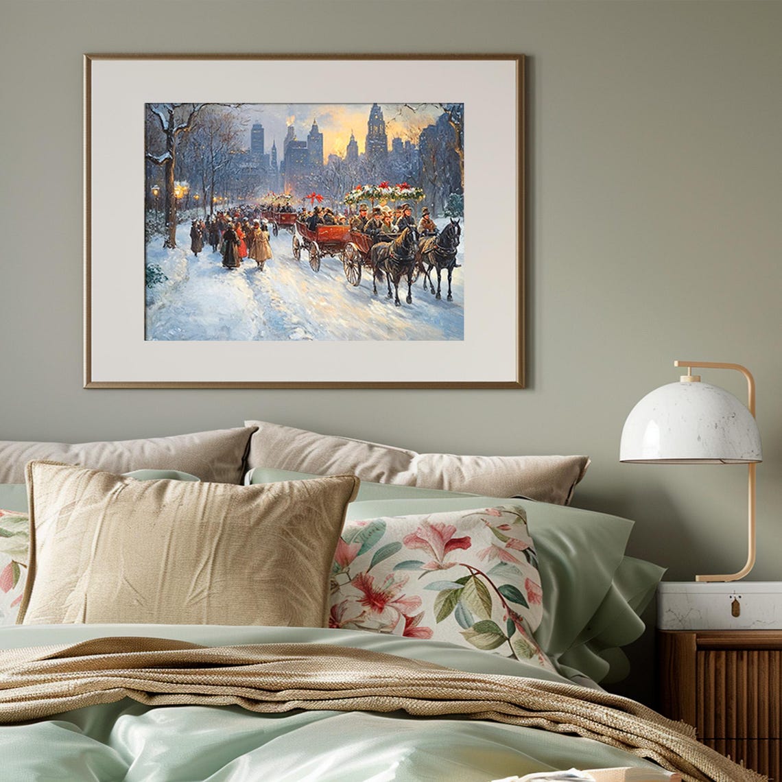 Horse Drawn Winter Carriages In Snow With Glowing City Skyline Poster - Image 3