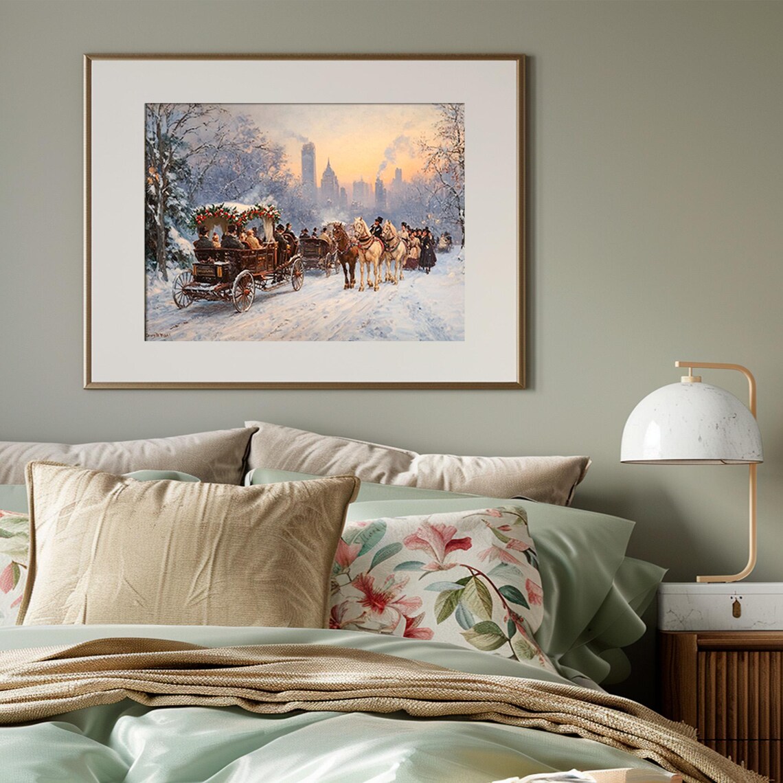 Vintage Winter City Park With Horse Carriages At Sunset Snow Poster - Image 3