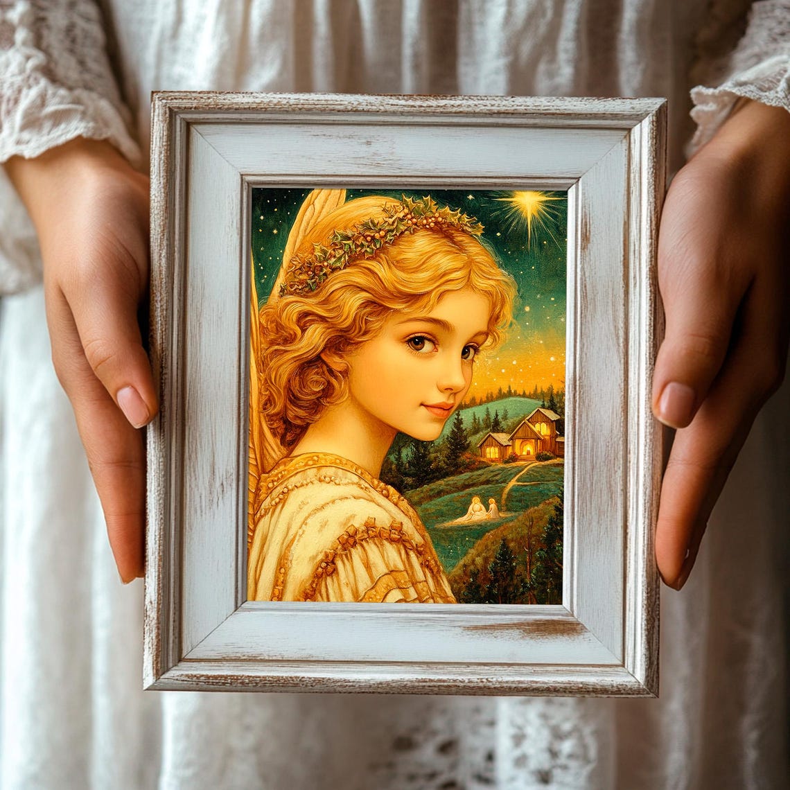 Golden Christmas Angel With Holly Crown Under A Starry Sky Poster - Image 3