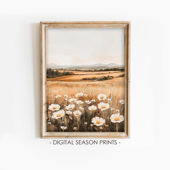 White Daisy Golden Field Rolling Hills Rustic Fall Wildflower Poster