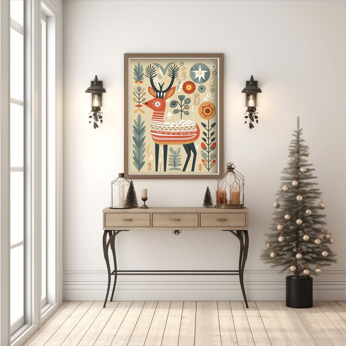 Scandinavian Folk Art Deer Nordic Reindeer Illustration Wall Art - Image 2