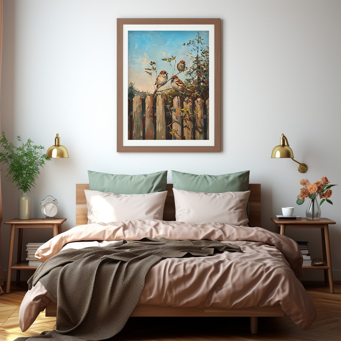 Sparrows Perched Branch Wooden Fence Bright Summer Sky Bird Painting Poster - Image 3