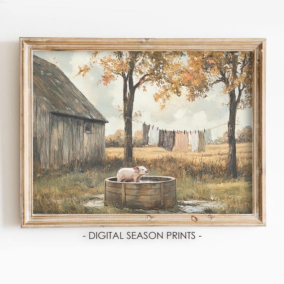 Pig Print, Vintage Farmhouse Country Cottagecore Art Print