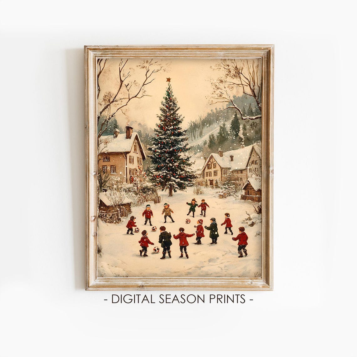 Kids Playing Soccer in Snow Under Big Christmas Tree Vintage Poster