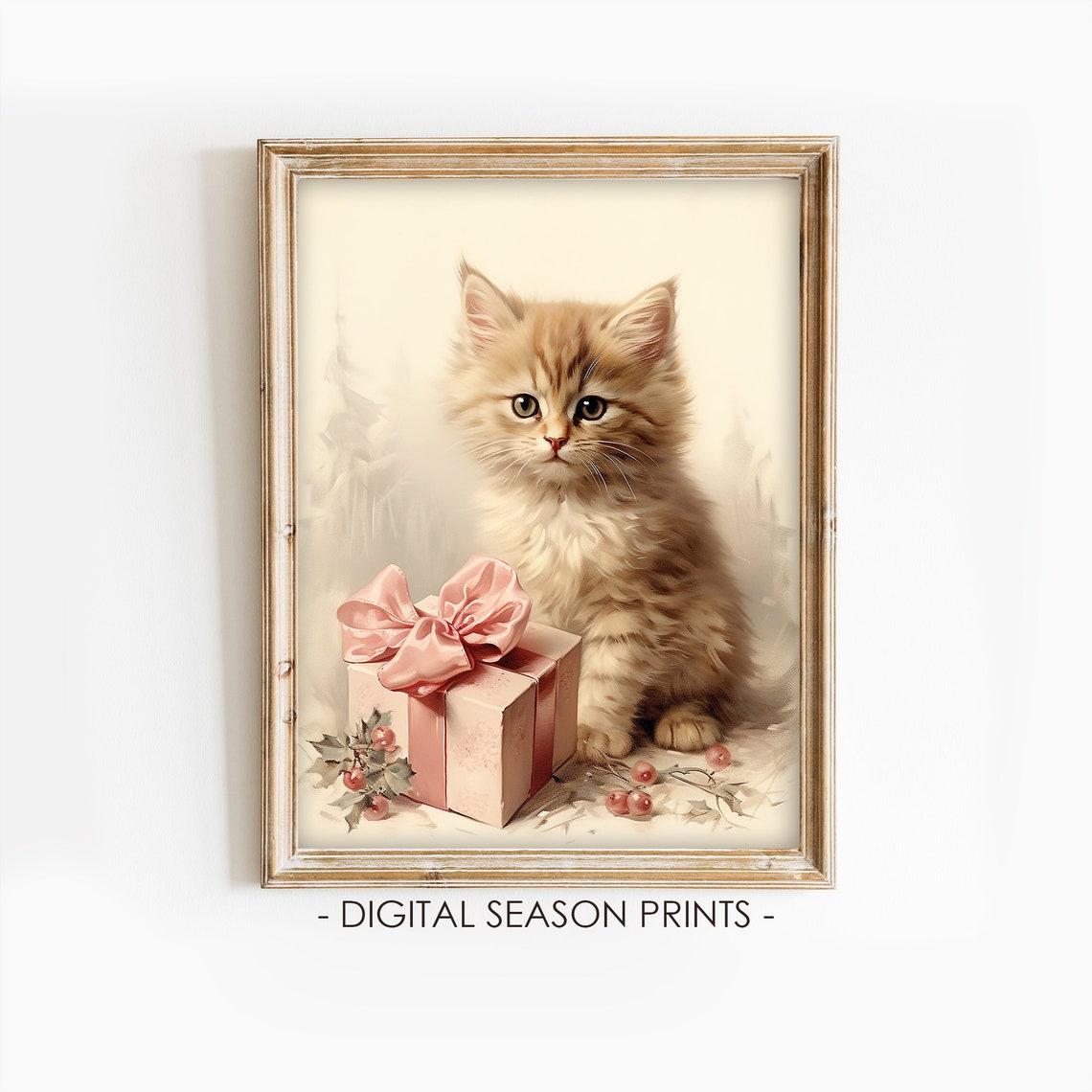 Fluffy Orange Kitten With Pink Gift Box Christmas Holiday Print