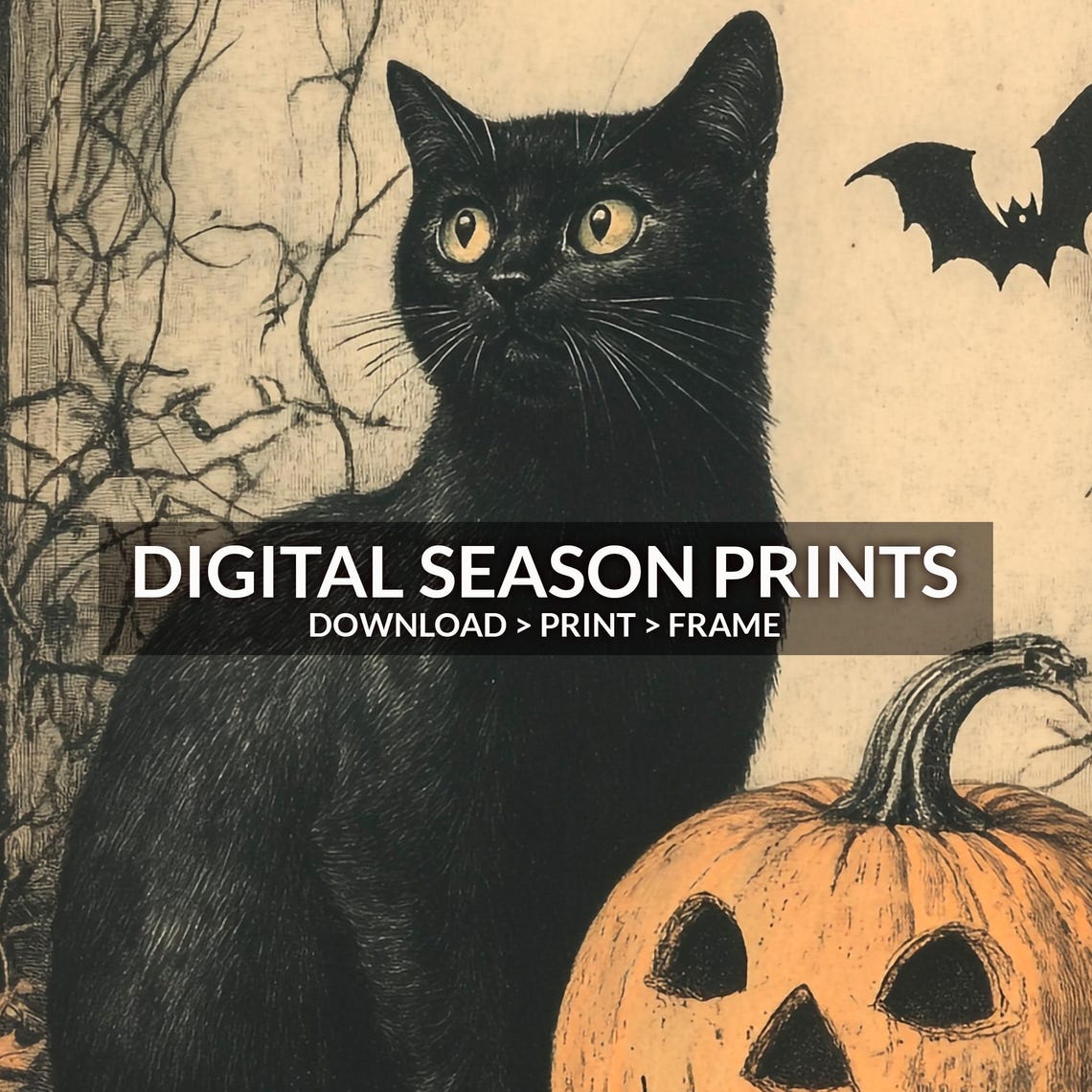 Black Cat Jack O Lantern Bat Vintage Halloween Spooky Art Poster - Image 6