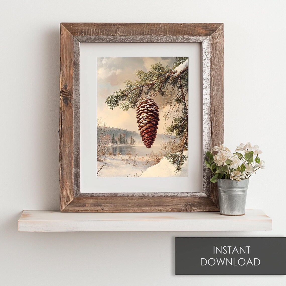 Snowy Pine Cone Hanging From Pine Branch Over Winter Lake Painting Poster - Image 6