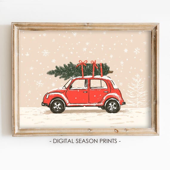 Christmas Tree On Red Car Print Vintage Christmas Decor Cute Christmas Wall Art