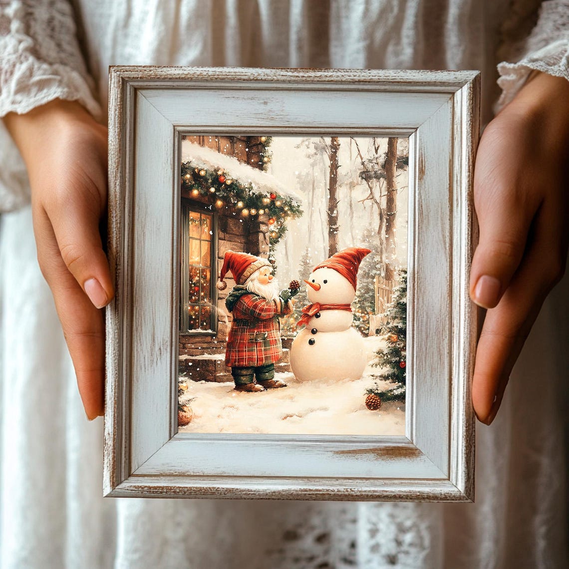Christmas Gnome Decorating Snowman Outside Cozy Cabin Scene Poster - Image 3