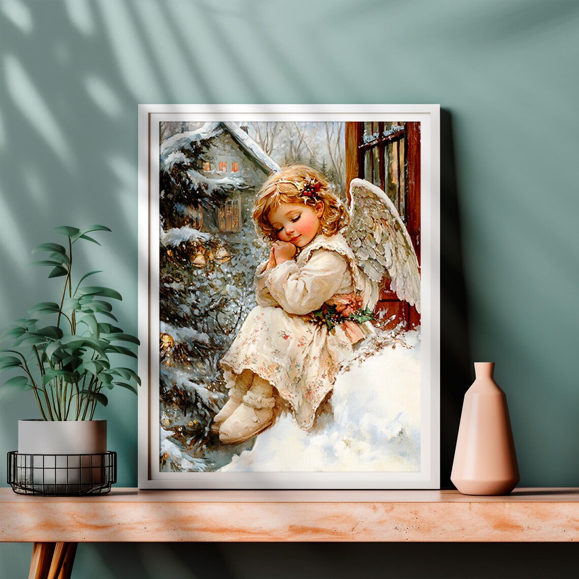 Vintage Praying Angel Child Snowy Winter Window Christmas Print - Image 4