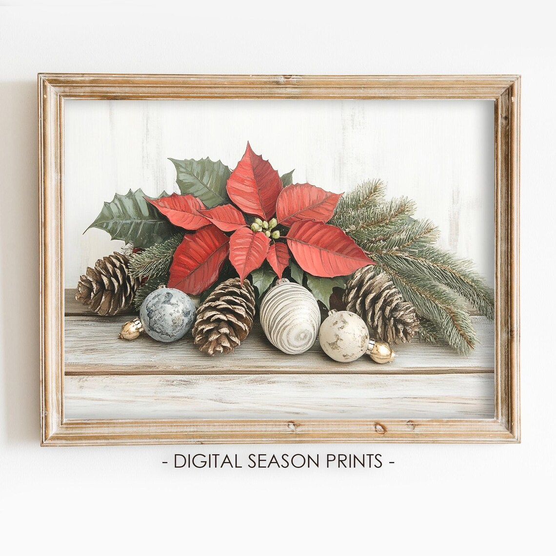 Red Poinsettia Christmas Floral Pinecones Vintage Holiday Poster