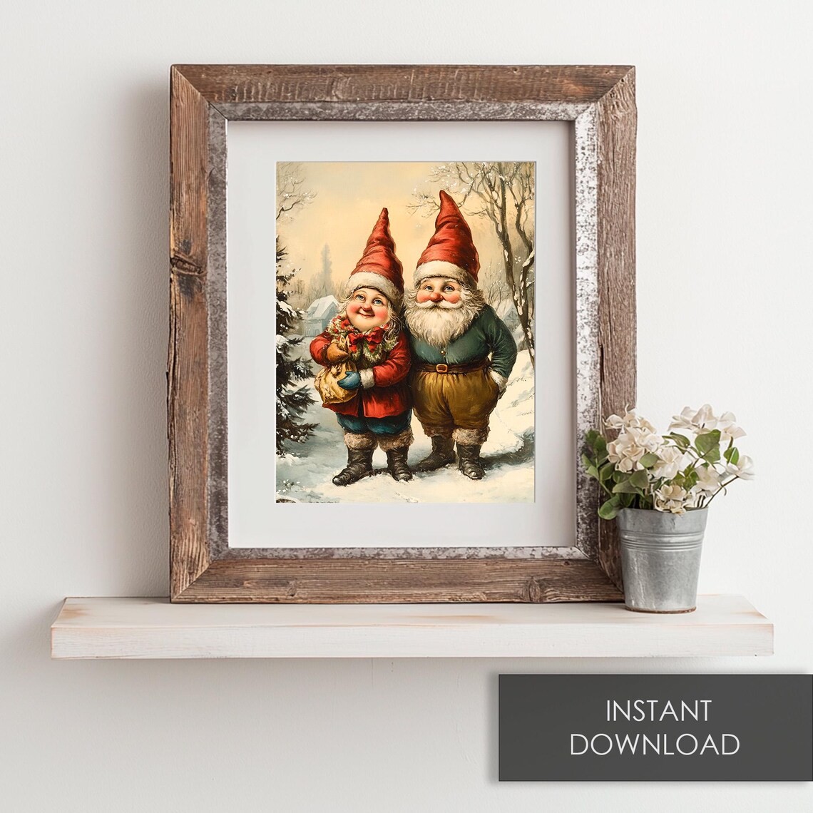 Two Vintage Christmas Gnomes in Snow Red Hats Holiday Poster - Image 6