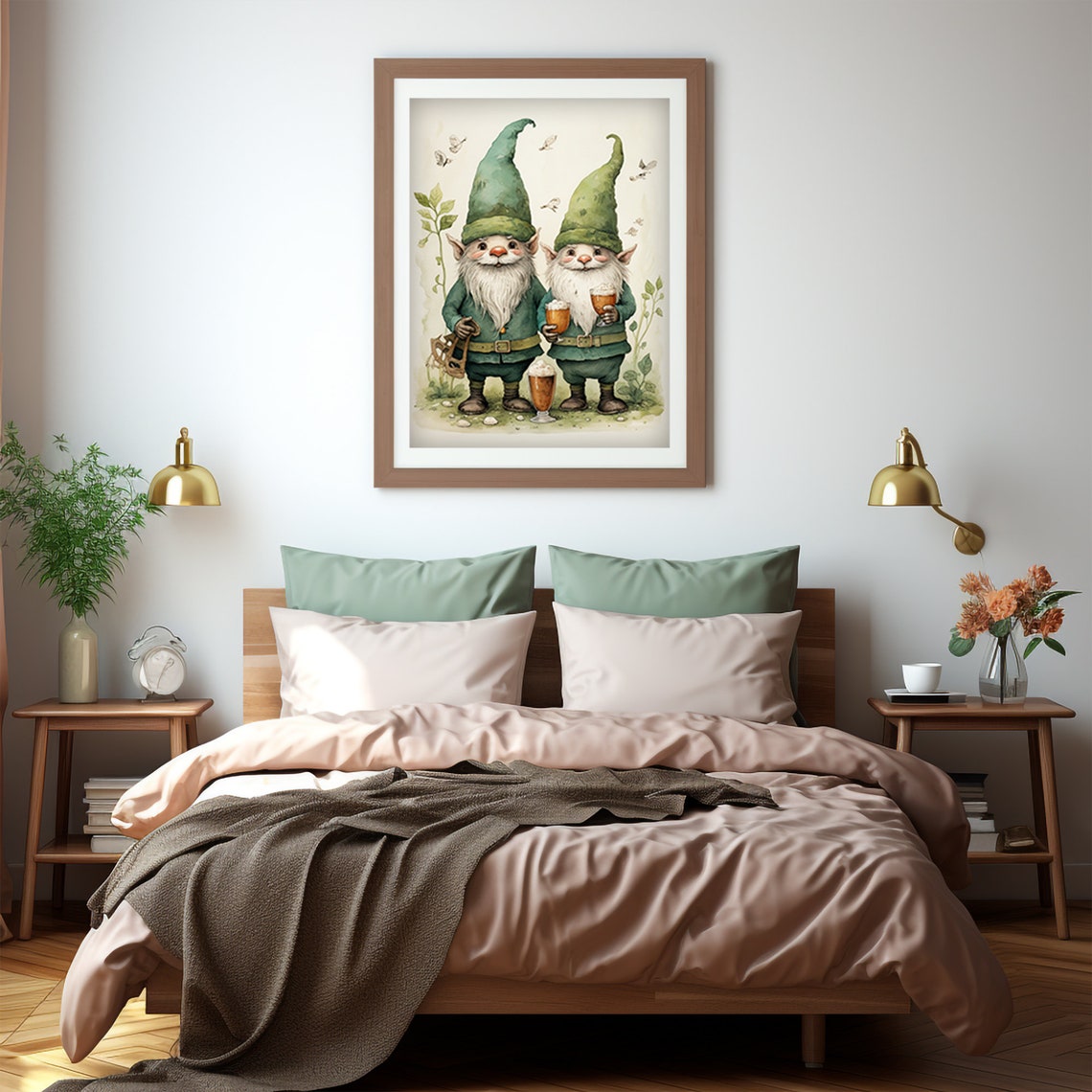 Two Cheerful Gnomes with Beer Mugs St Patricks Day Watercolor Poster - Image 4