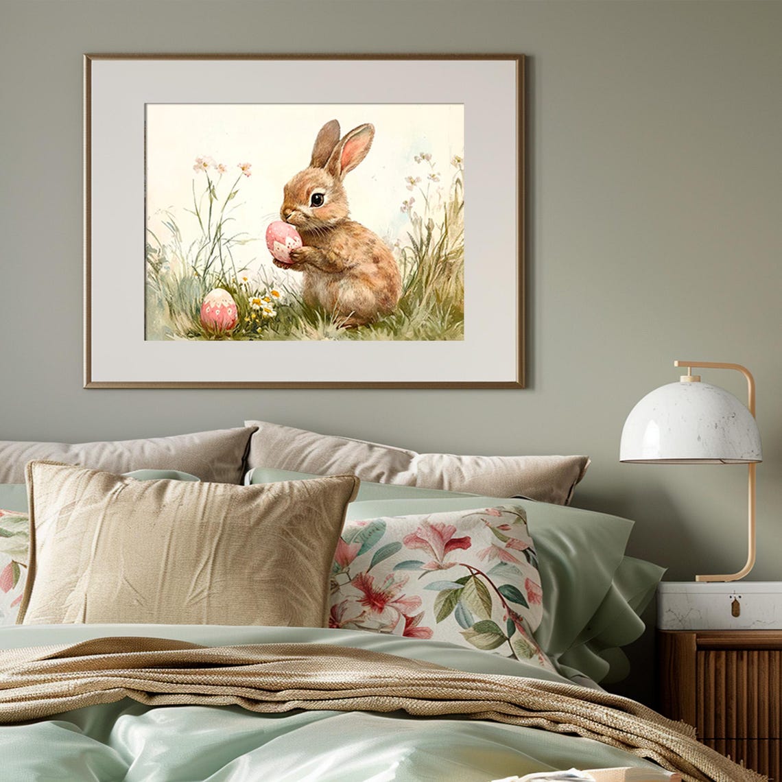 Easter Bunny Holding Pink Egg In Wildflower Meadow Vintage Poster - Image 3