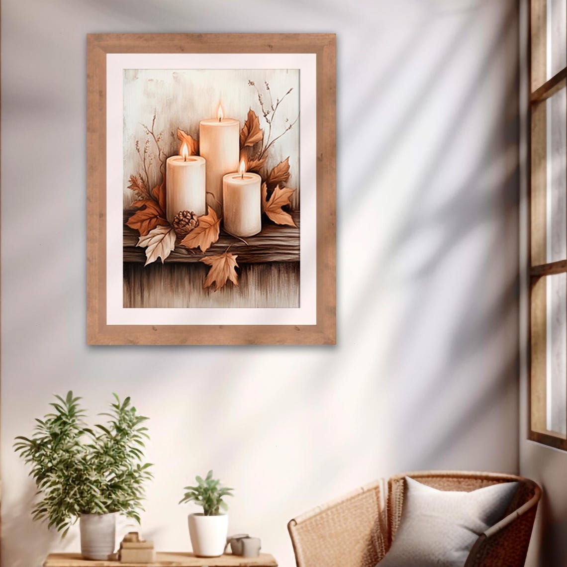 Three Lit Fall Candles With Autumn Leaves And Pinecone Poster - Image 2