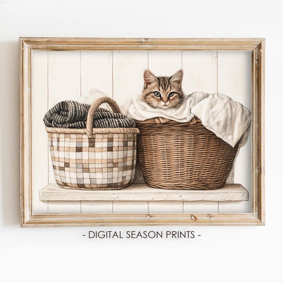 Cat Laundry Basket Vintage Farmhouse Art Print