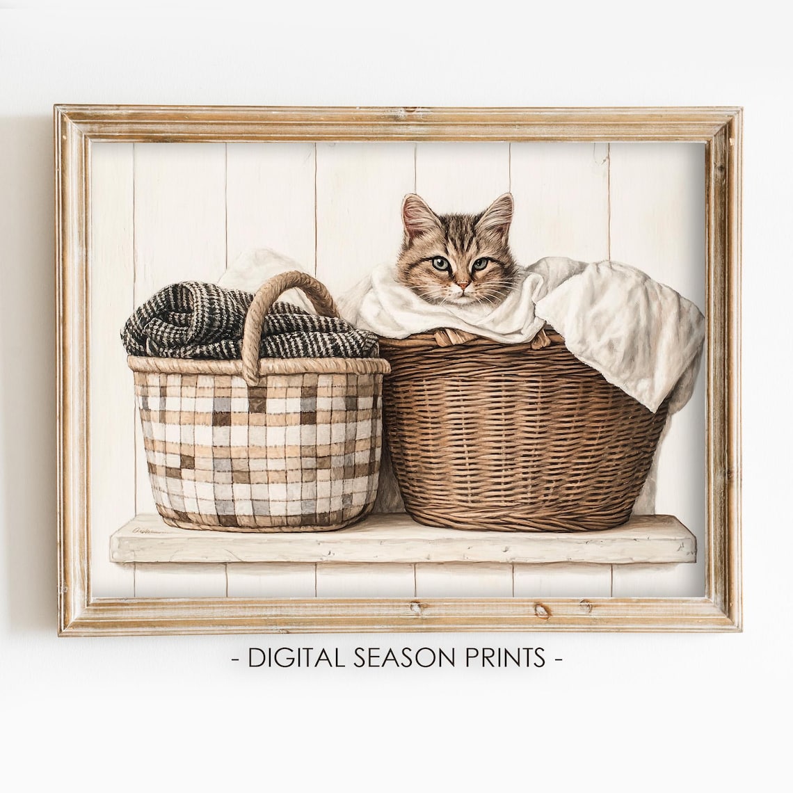 Cat Laundry Basket Vintage Farmhouse Art Print