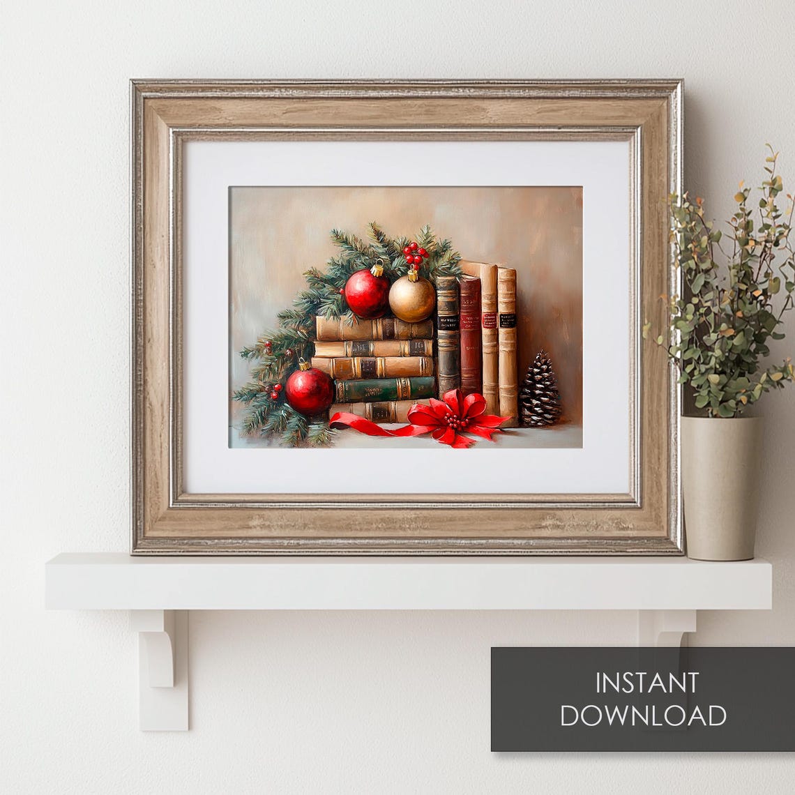 Christmas Books with Vintage Ornaments Red Ribbon Holiday Poster - Image 6