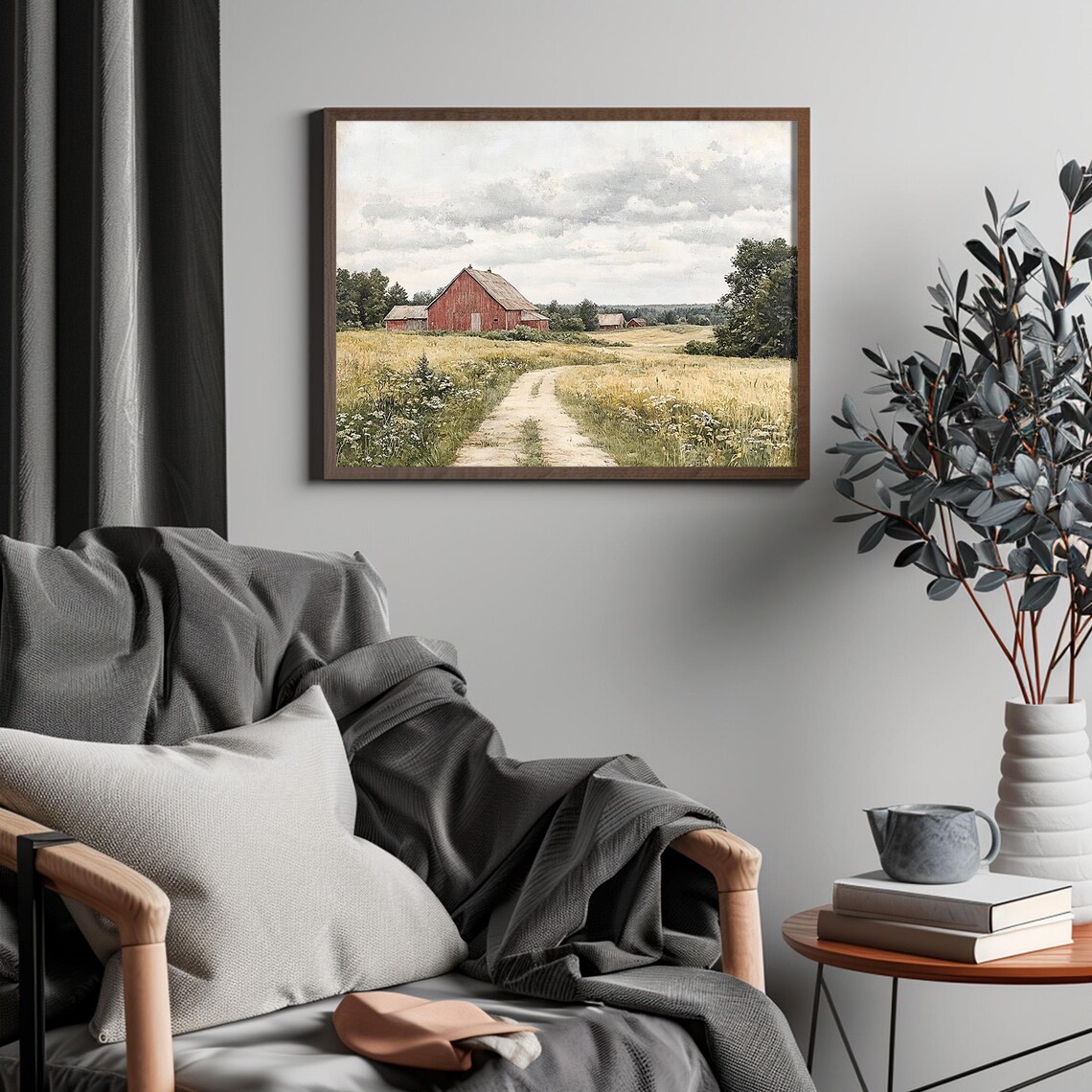 Farmhouse Red Barn Wildflower Landscape Art Print - Image 6