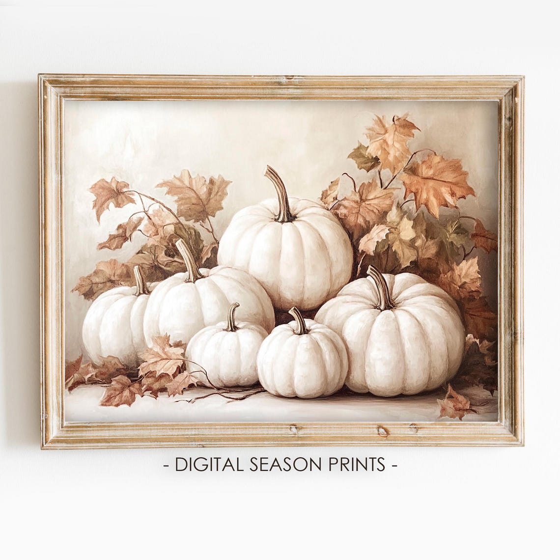 White Pumpkins with Autumn Leaves Rustic Fall Still Life Poster