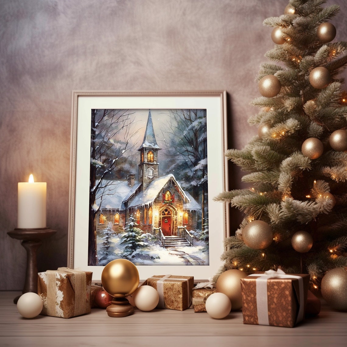 Snow Covered Chapel Glowing At Night In A Winter Forest Poster - Image 5